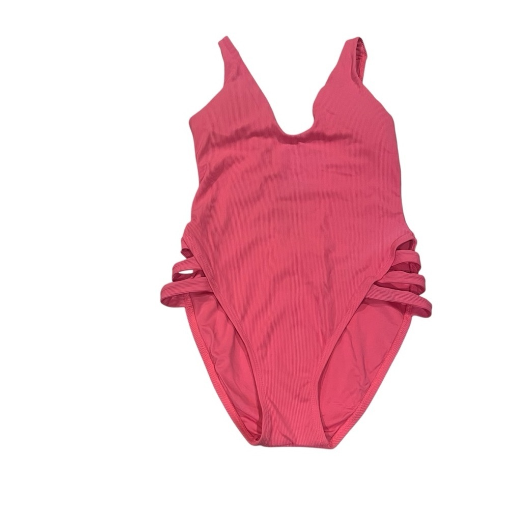 BECCA By Rebecca Virtue Pink One Piece Ribbed Strappy Cut Out Swimsuit — Large - Picture 9 of 14